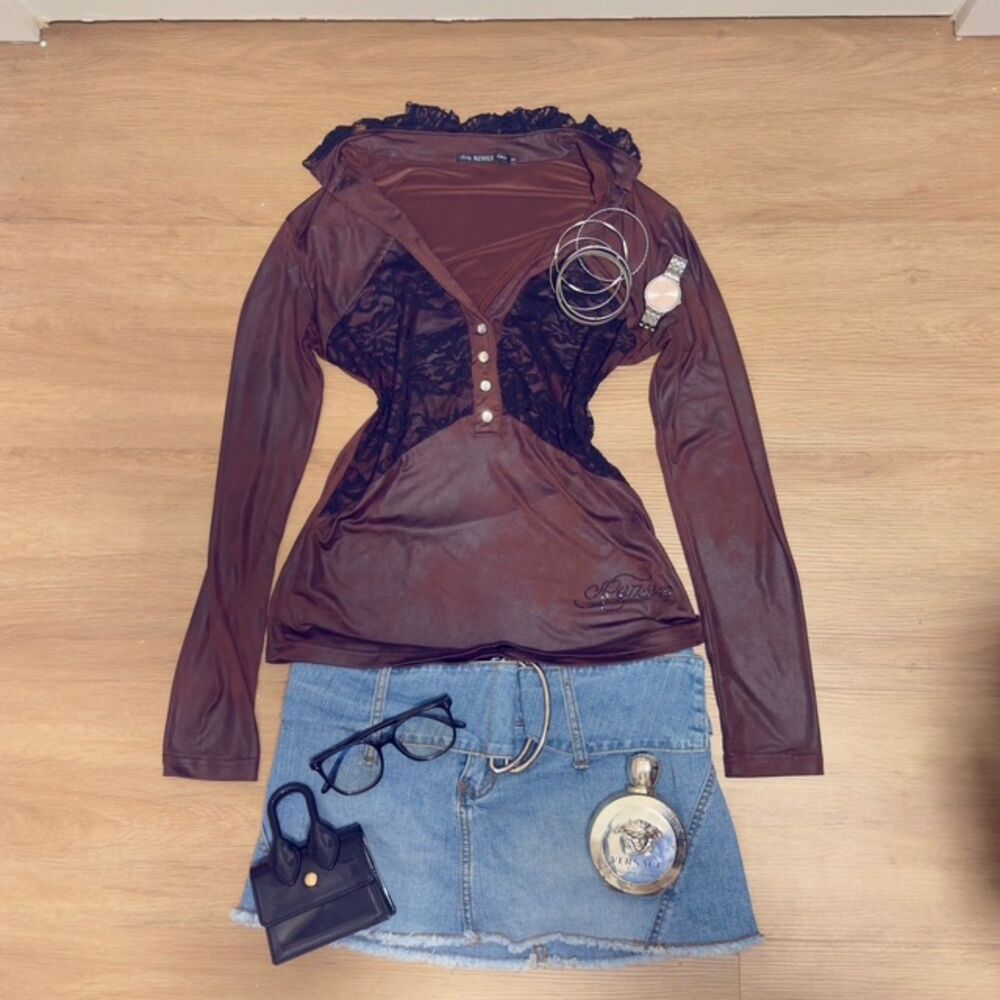 Y2K Chocolate Brown Satin Lace Long Sleeve Rensix Top